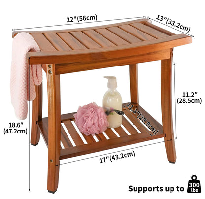 Utoplike Teak Shower Bench Seat with Handles, Portable Wooden Spa Bathing Stool with Storage Towel Shelf, 22" x 13" x 18.6", Perfect for Indoor and Outdoor Use