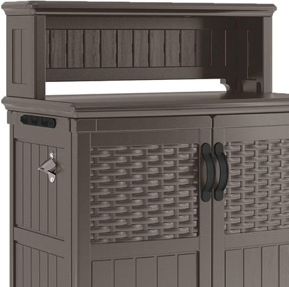 Suncast Patio Plastic Storage and Prep Station with Decorative Wicker Pattern and Multi Wall Panels for Patio, Garden, and Lawn Use, Stoney Gray