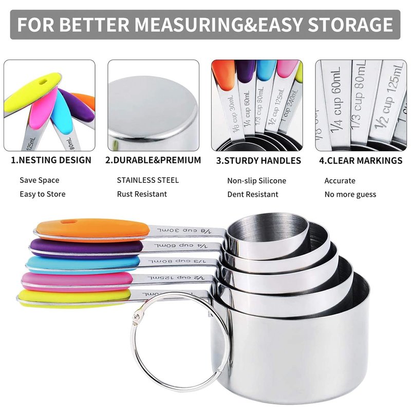 TILUCK measuring cups and magnetic measuring spoons set, stainless steel measuring cups, 6 double-sided stainless steel measuring spoons & 1 leveler (12)