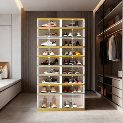 SYNCVIBE Shoe Rack Organizer for Closet Entryway Foldable Sneaker Storage Shoe, Collapsible Shoe Cabinet, Stackable Shoe Storage Cabinet with Lids for Living Room (9 Tiers -36 Pairs White Gold)