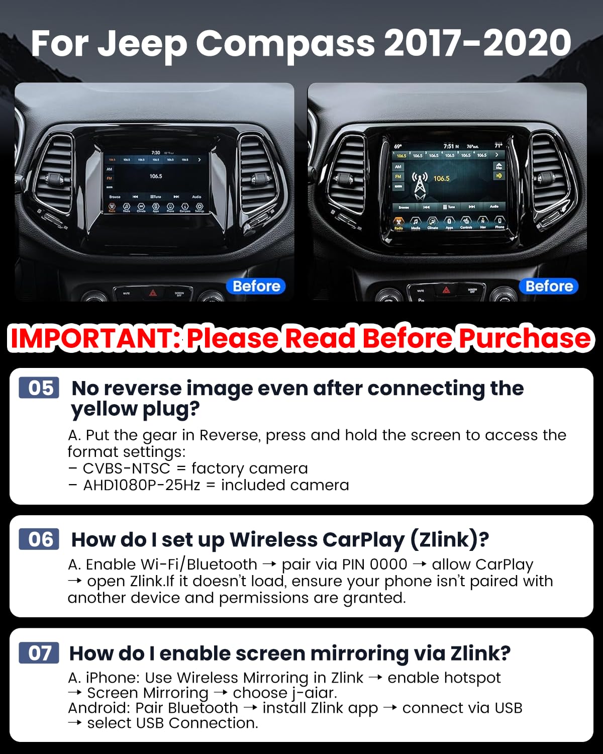 [4+64G] Bluetooth 5.4 Car Radio for Jeep Compass 2017-2020: 10 inch 5GWi-Fi 1280 * 800HD 32EQ Touchscreen Stereo with CarPlay Android Auto SWC 1080P Backup Camera
