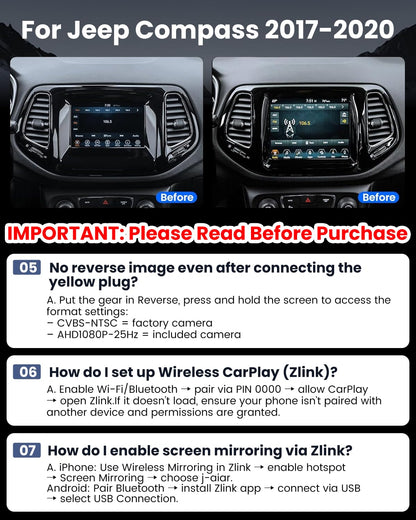[4+64G] Bluetooth 5.4 Car Radio for Jeep Compass 2017-2020: 10 inch 5GWi-Fi 1280 * 800HD 32EQ Touchscreen Stereo with CarPlay Android Auto SWC 1080P Backup Camera