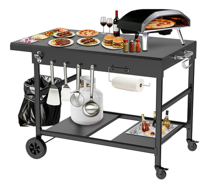 Barbqtime Pizza Oven Table with Topping Station, Outdoor Pizza Oven Cart, Grill Cart for Ninja, Cuisinart, Gozney, Movable BBQ Prep Table Station with Seasoning Tray for Patio, Kitchen, Backyard