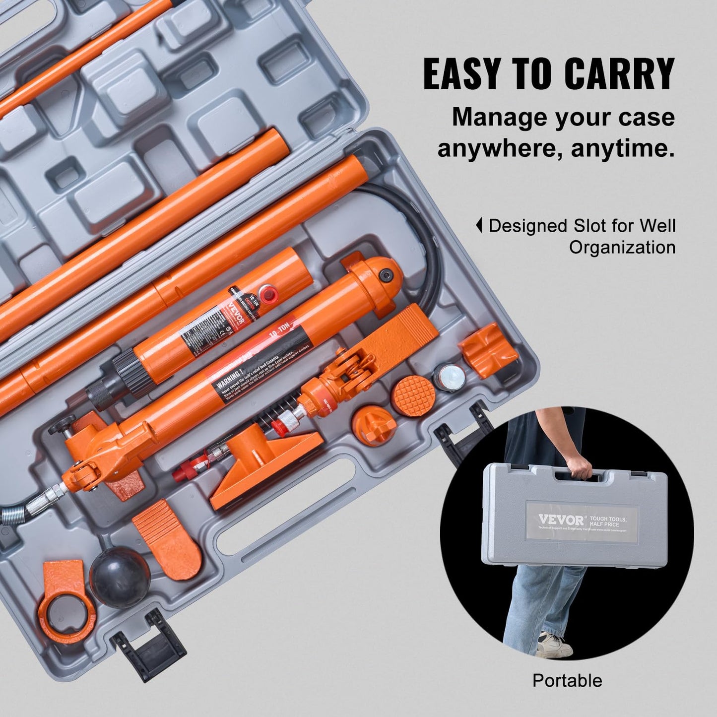 VEVOR Porta Power Kit, 12 Ton Load, Portable Hydraulic Jack with 4.6 ft Extended Oil Hose, Long Handle Design, Auto Body Frame Repair Kit with Portable Storage Case for Car Repair, Truck, Farm