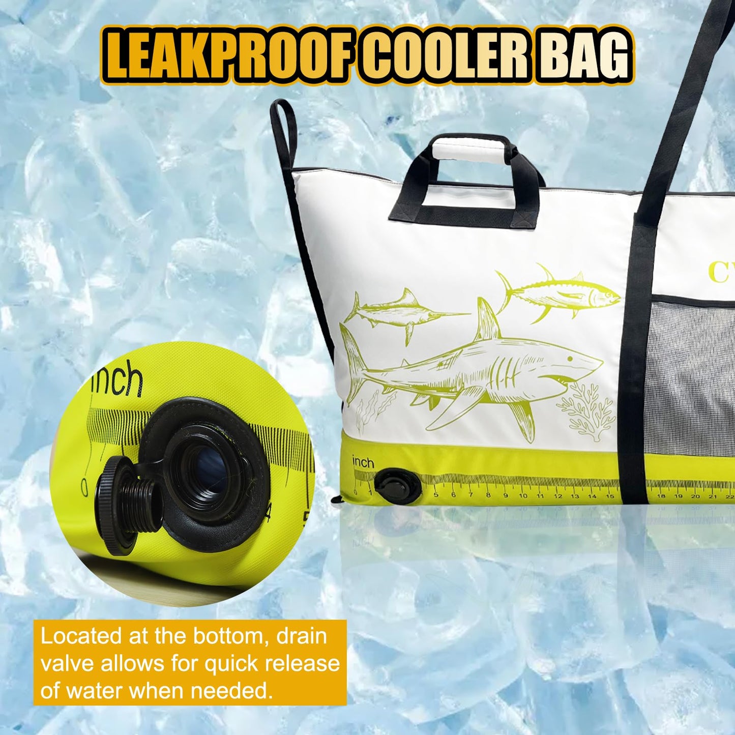 CWSDXM Insulated Fish Cooler Bag, 60'' Waterproof Leakproof Fishing Kill Bag with Drain Valve, Zipper and Heavy Duty PVC Marine Cooler for Boat Kayak Offshore Fishing, Keeps Fish Fresh Up to 48H