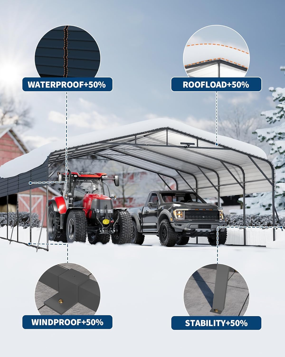 Garvee 20x20ft Heavy Duty Metal Carport, 2-Car Carport Kit with Solar Lights, RV Boat Trailer Steel Garage Shelter, Durable Color Steel Roof