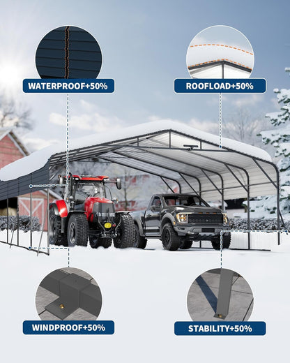 Garvee 20x20ft Heavy Duty Metal Carport, 2-Car Carport Kit with Solar Lights, RV Boat Trailer Steel Garage Shelter, Durable Color Steel Roof