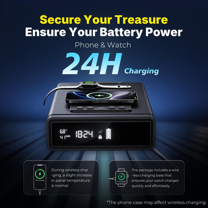 ORARAER Biometric Gun Safe with Wireless Charging, 12-Hour Clock Display & Adjustable Brightness, Bedside Pistol Safe with Fingerprint, Backup Key, LED Light & Humidity Monitor，Ideal Gift for Men