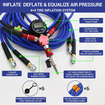 FACFUEL 4 Tire Inflation System, Fits Up to 200" Wheelbase, Rapid High Flow 4 Way Tire Inflator with Hard Case, Lock-On Air Chucks Manifold, Digital Gauge, Portable Off Road Tire Deflator