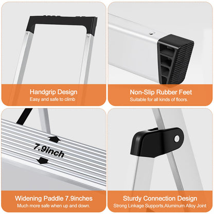Sweetcrispy 5 Step Ladder, 330lbs Folding Step Stool with Anti-Slip Wide Pedal,Tool Tray, Aluminum Stool Ladders, Safety Household Ladder for Home Kitchen Courtyard Outdoor