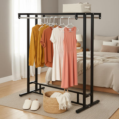 MyGift Black Clothes Rack for Bedroom Laundry Living Room, Heavy Duty Double Rod portable Freestanding Garment Rack Clothing Hanger Stand with Built-In Shelf and Storage