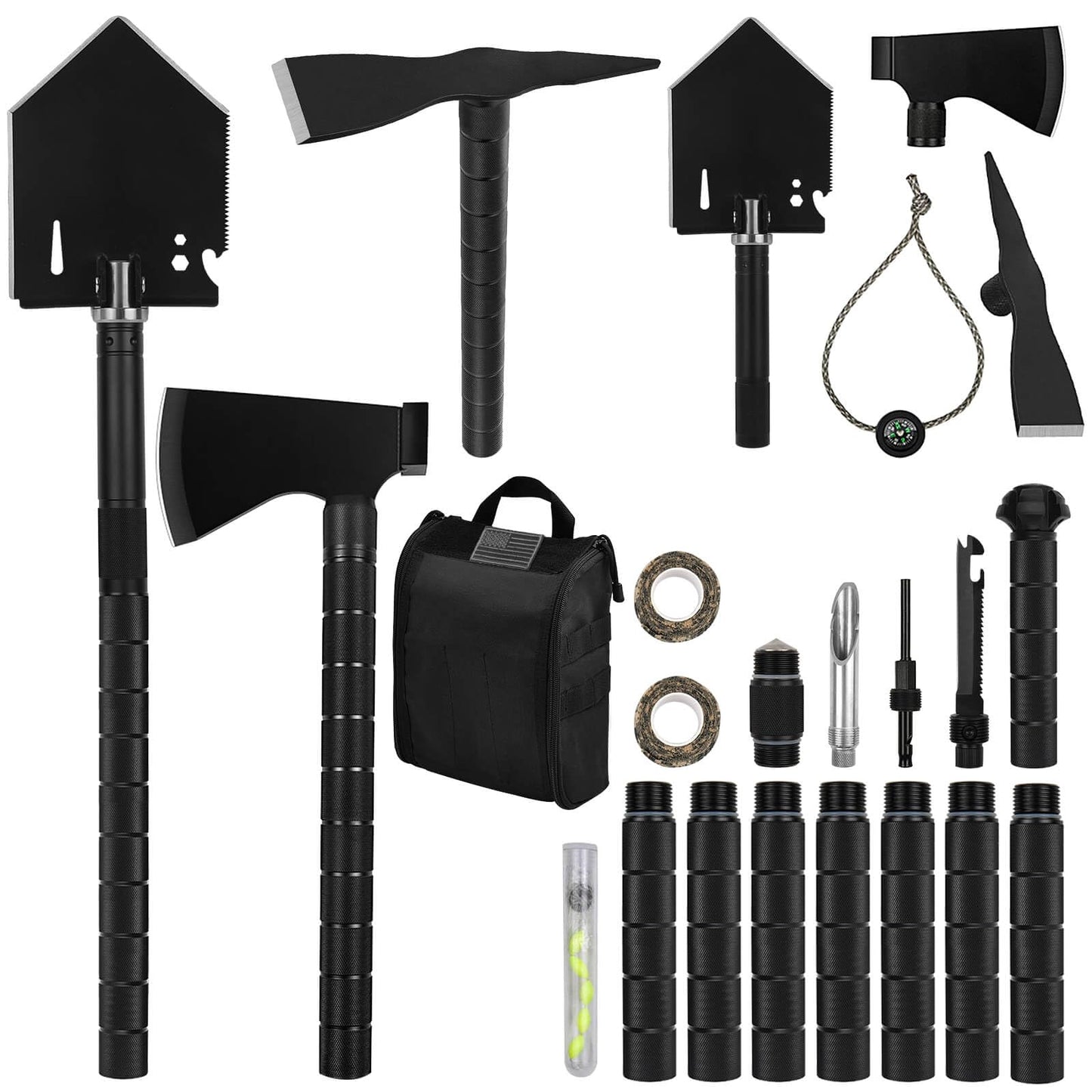 IUNIO Survival Off-Roading Tool Kit, 19 in 1 Folding Shovel, Camping Axe, Multitool, Pickaxe, with Carrying Bag, for Outdoor, Car Emergency (Upgrade Black)