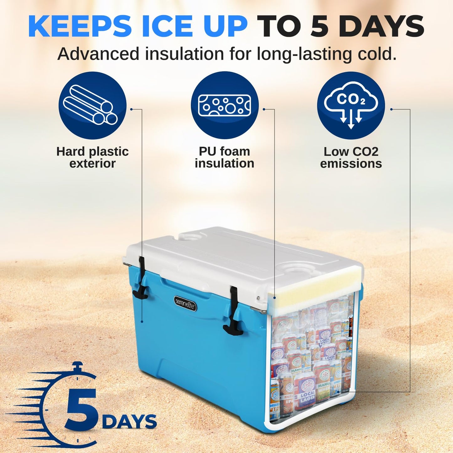 35 Quart Portable Cooler Box - Lightweight Heavy-Duty Travel Ice Cooler with 2-Way Handles, Drain - 5 Days Ice Retention, Holds 63 12-Ounce Cans & 2-Liter Bottles - SereneLife SLCB35BL (Blue)