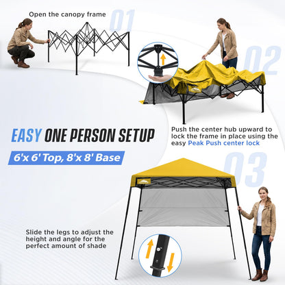 EAGLE PEAK 8x8 Pop Up Canopy Tent with Sidewall, Compact, Portable Slant Leg Instant Sun Shelter for Beach, Sports, & Camping, 8x8 Base 6x6 Top, Yellow