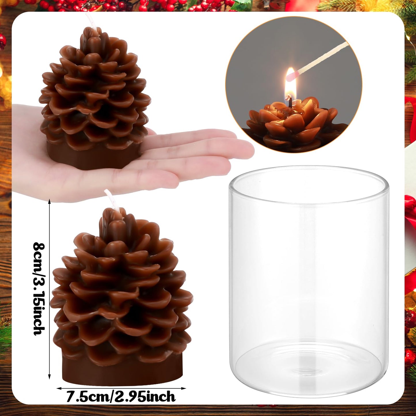 Riakrum 6 Sets Pine Cone Candles Flammable Acorn Decor with Straight Glass Container Real Wax Unscented Candle for Winter Holiday Decoration