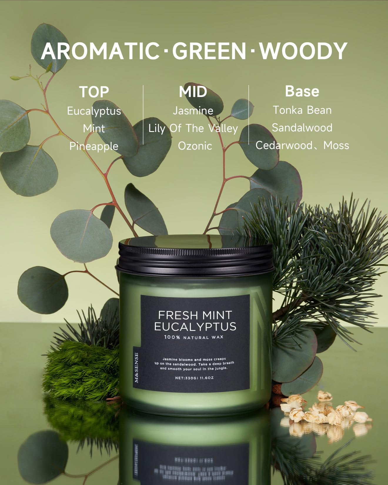 M&SENSE Eucalyptus & Mint Home Scented Candles, 11.6oz Organic Non Toxic Soy Candle, 70-Hour Long Burning, Aromatherapy Gifts for Stress Relief Relaxation Meditation, Natural Smelling for Men Women
