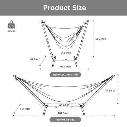 SUNCREAT 2-in-1 Hammocks Hammock Chair with Stand, 475 lbs Capacity, Heavy Duty Two Person Hammock with Stand, Patented, Blue Stripe