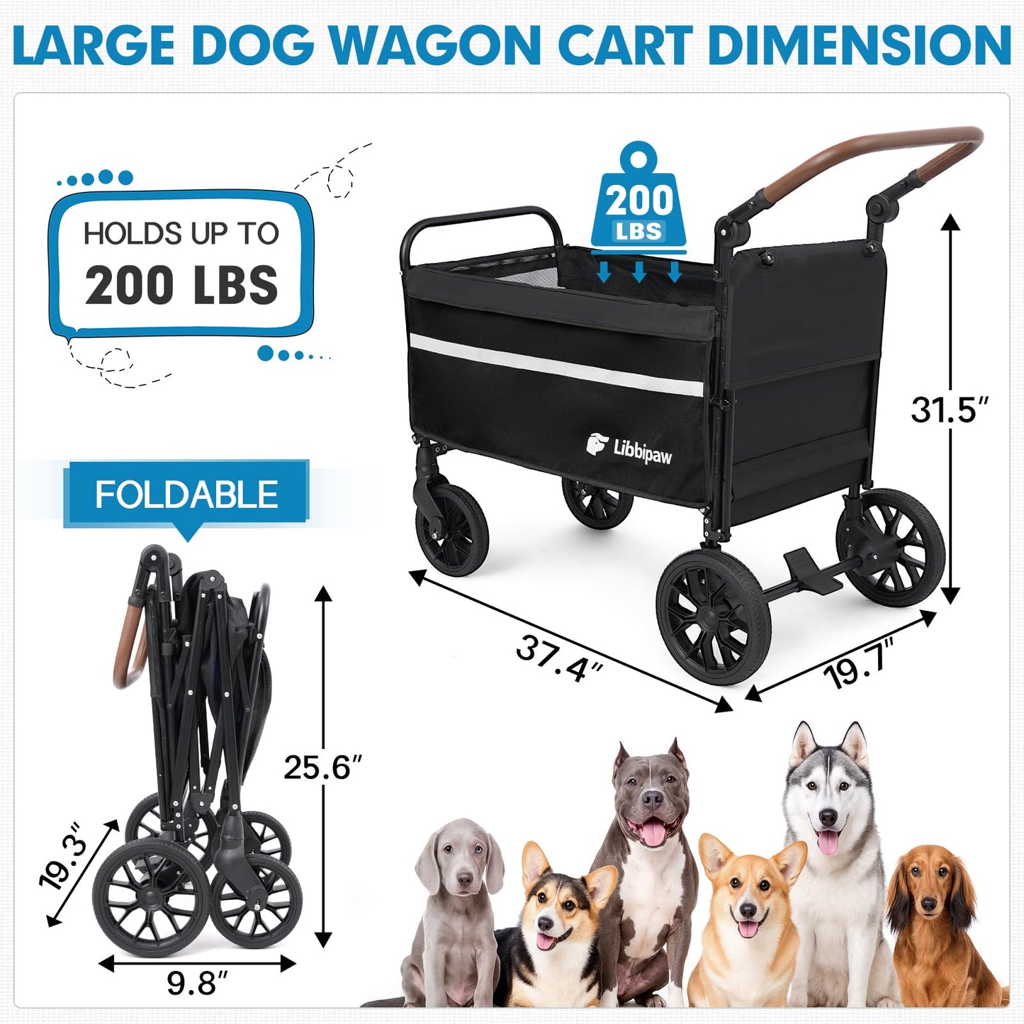 Libbipaw Dog Wagon for Medium & Large Dogs, Foldable All-Terrain Dog Stroller Wagon with Ramp, Adjustable Handle, One-Step Brake, Heavy Duty Pet Wagon (Black)