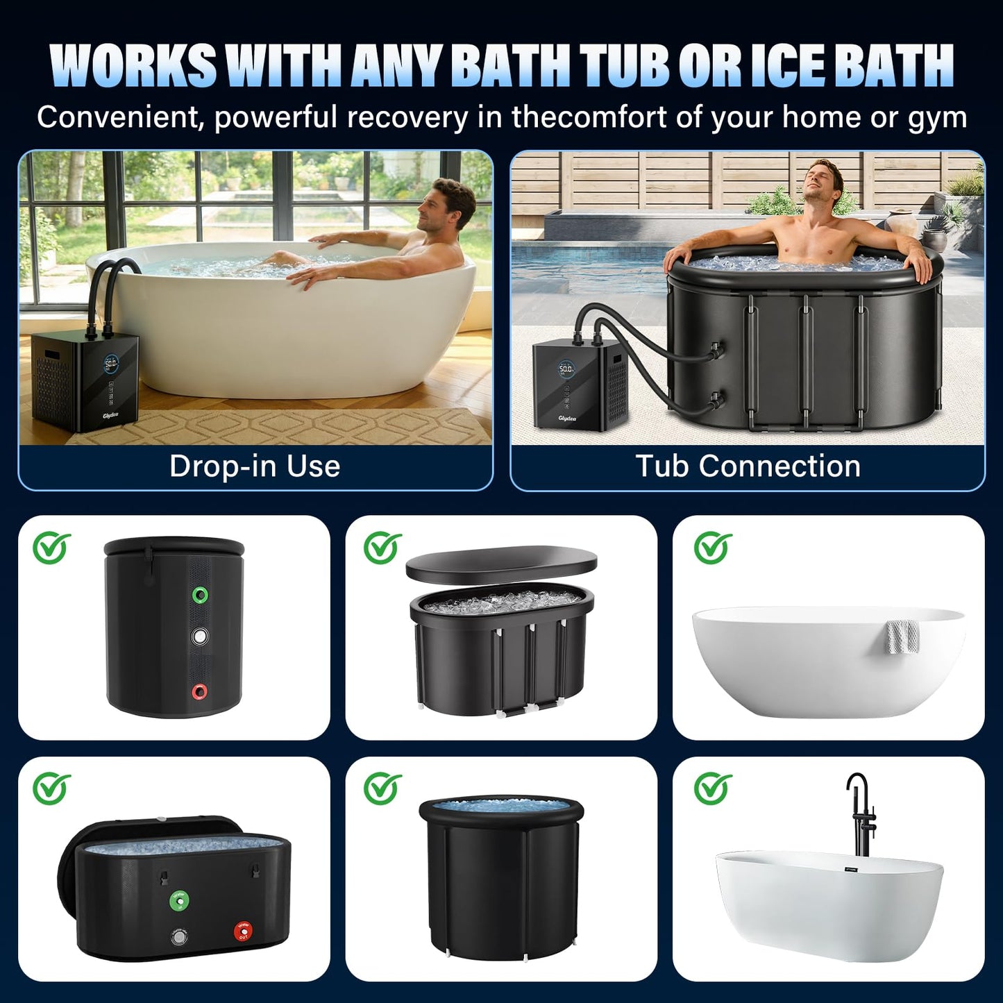 Ice Bath Chiller for Cold Plunge Tubs, 1/3HP 330W Glydea Cold Plunge Water Chiller with Built-in Ozone Function, 24/7 Water Flow, Dual Filtration, Upgraded Hose and Pump, Large LED Color Display