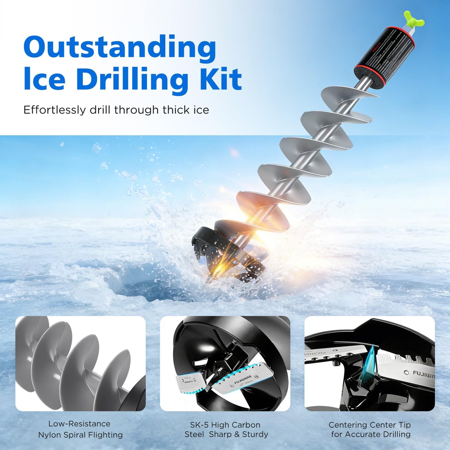 FUJIWARA Ice Auger, 8" Diameter Ice Drill Bit, Nylon Corless Ice Augers for Ice Fishing,SK-5 High Carbon Steel Blade,with 1/2”Universal Adapter & Buoyant Foam