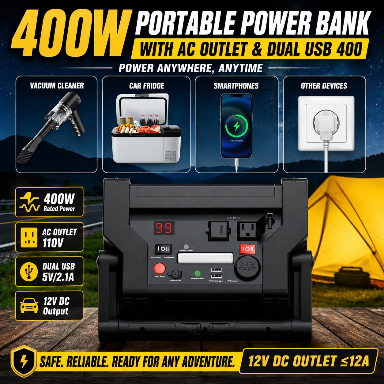 ZunDian 2000A Car Jump Starter & Battery Booster with Air Compressor – 12V Portable Car Starter for Trucks, SUVs, RVs & Cars – 400W AC Inverter, USB/DC Ports, LED Flashlight,Solar Charging