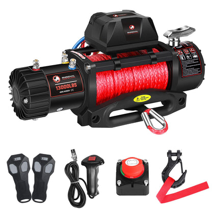 RHINOVAL 13000lb Electric Winch, Synthetic Rope, Battery Disconnect Switch, Low Profile Control Box, 12V, IP67 Waterproof, Wireless Remote, for Offroad Recovery SUV, Truck, Boat Trailers, Flatbeds