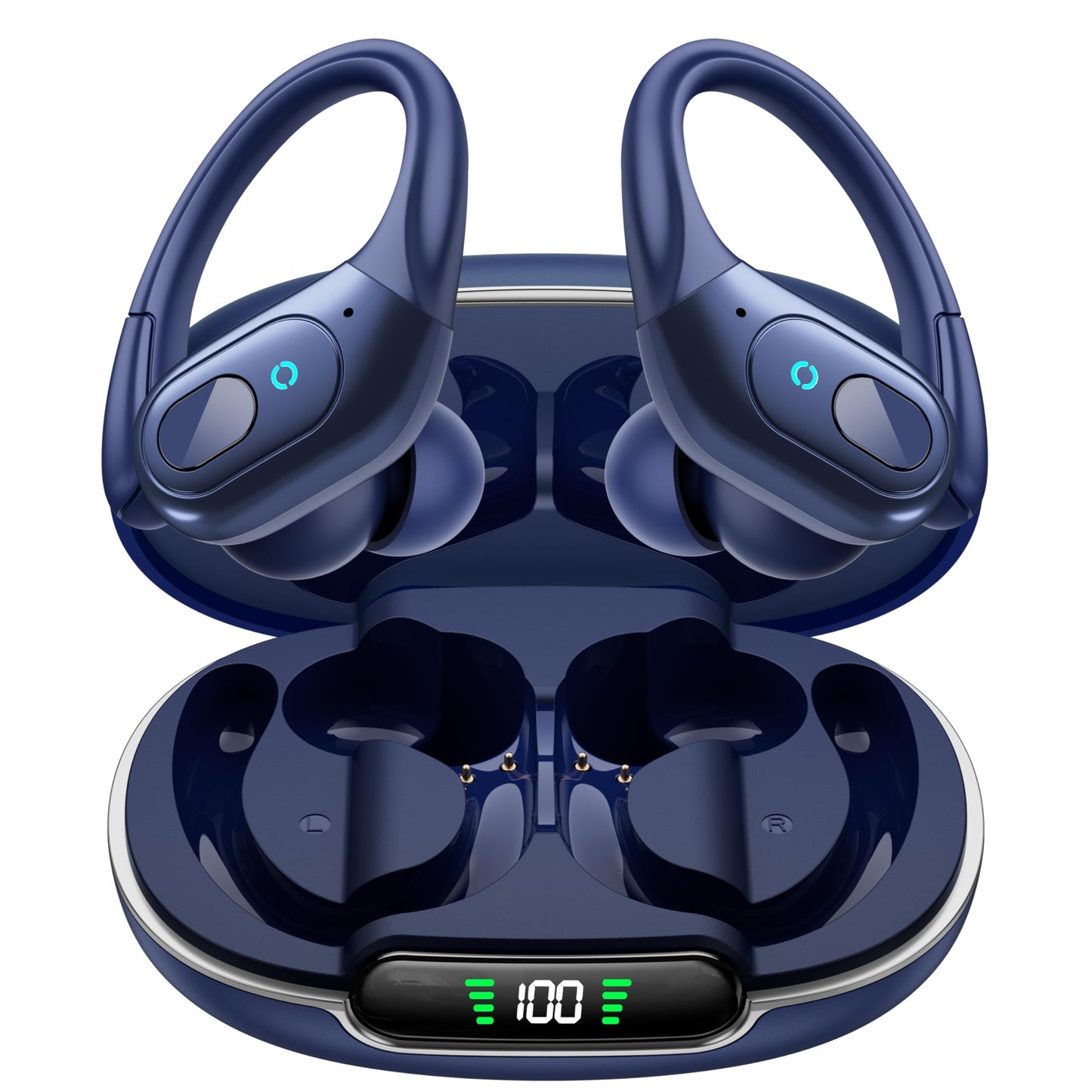 occiam Active Noise Cancelling Earbuds Wireless Bluetooth Headphones Ear Buds 90Hrs Playback Stereo Bass Earphones with Mic Over-Ear Hooks IPX7 Waterproof Headset for Work Sports Running Gym Deep Blue