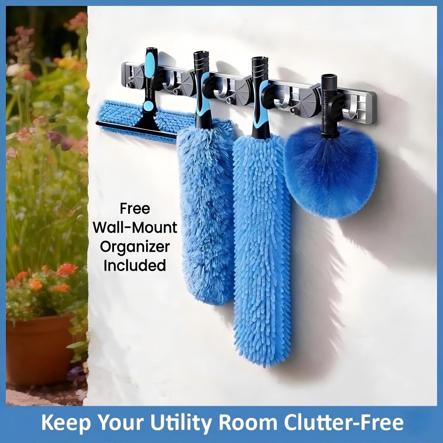 30ft High Ceiling Duster Kits with 5-24ft Heavy Duty Extension Pole - Fan Blade Cleaner, Cobweb Remover & Blue Window Squeegee Kit, Washable Dust Brush for High Roof and Glass Surfaces