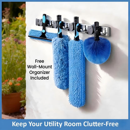 30ft High Ceiling Duster Kits with 5-24ft Heavy Duty Extension Pole - Fan Blade Cleaner, Cobweb Remover & Blue Window Squeegee Kit, Washable Dust Brush for High Roof and Glass Surfaces