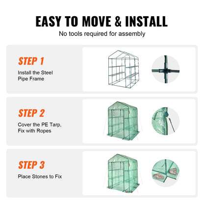 VEVOR Walk-in Green House, 55.5 x 55.5 x 78.7 inch, Portable Greenhouse with Shelves, High Strength PE Cover with Roll-up Zipper Door and Steel Frame, Set Up in Minutes, for Planting and Storage