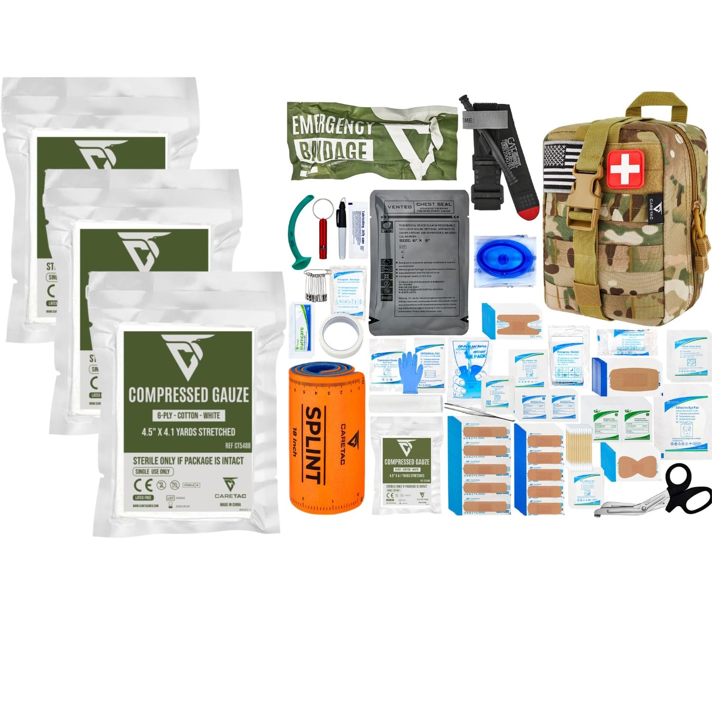 CareTac 175‑Piece Advanced Trauma Kit with CAT Gen 7 Tourniquet + 3 Compressed Gauze Bundle