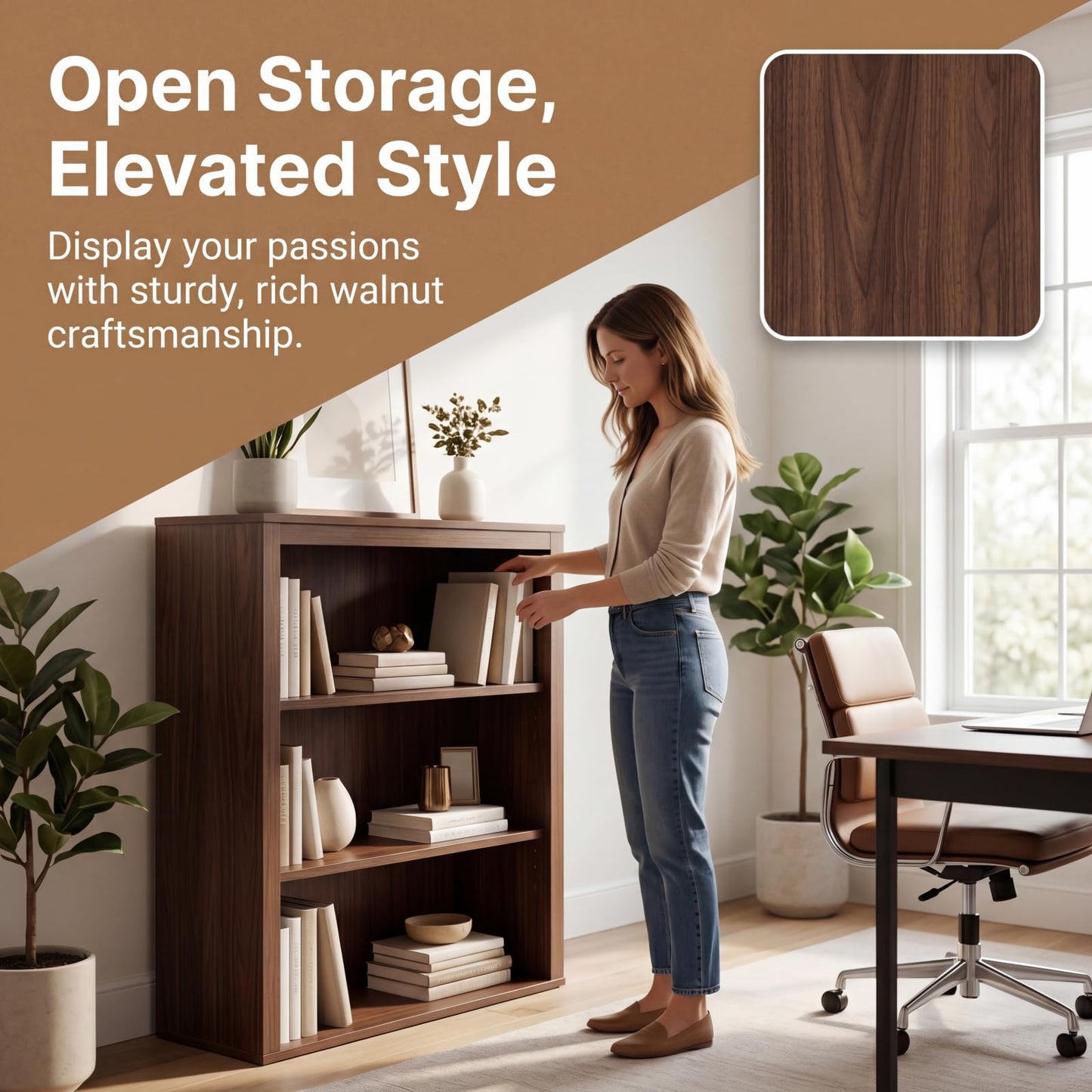 Trygoal 3-Shelf Open Bookcase, Stackable Wood Bookshelf, Mid Century Modern Freestanding Storage Cabinet, Multi-Purpose Organizer for Bedroom, Living Room, Kitchen, Bathroom, Dining Room, Walnut