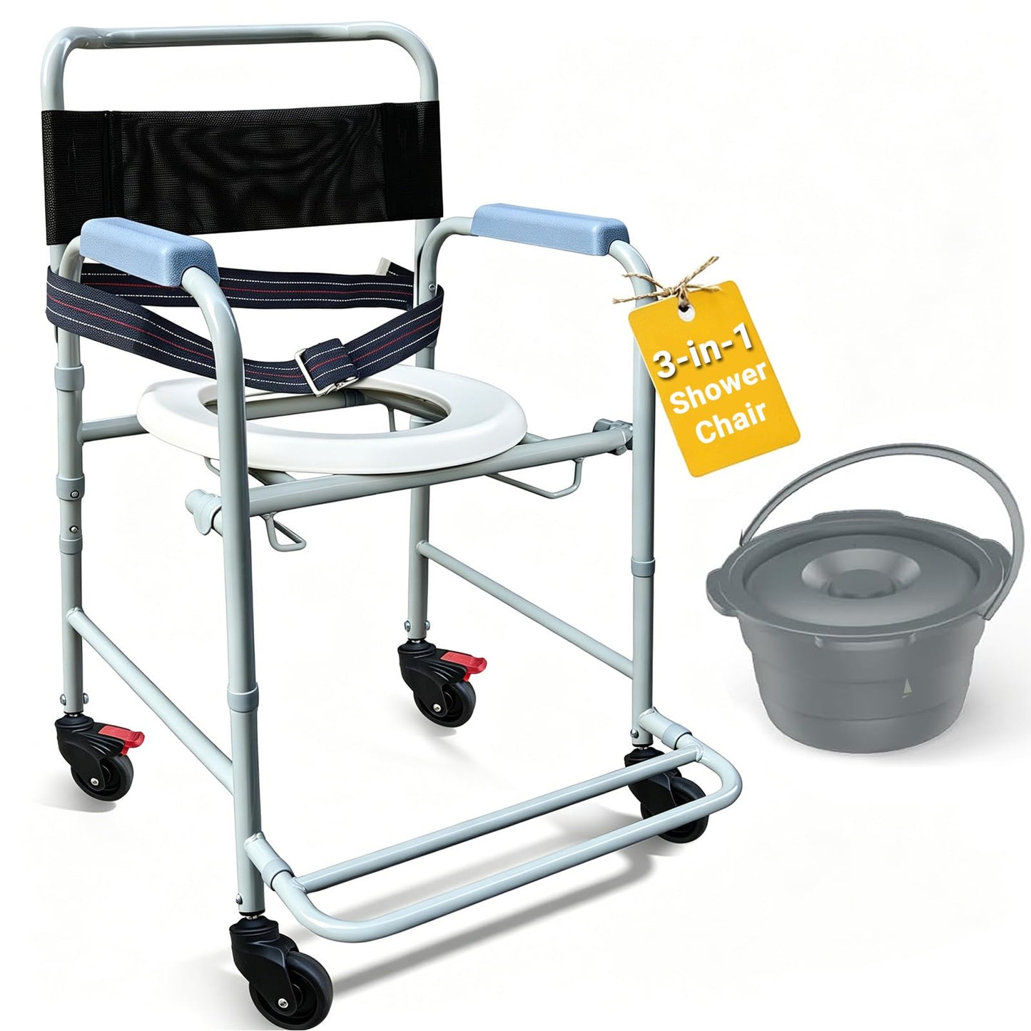 Aliseniors 3-in-1 Shower Chair with Wheels, Portable Bedside Commode & Toilet Safety Rail, Rust-Proof Rolling Commode for Elderly & Disabled, Fits Narrow Bathroom Doors, Waterproof, 250 lbs Capacity