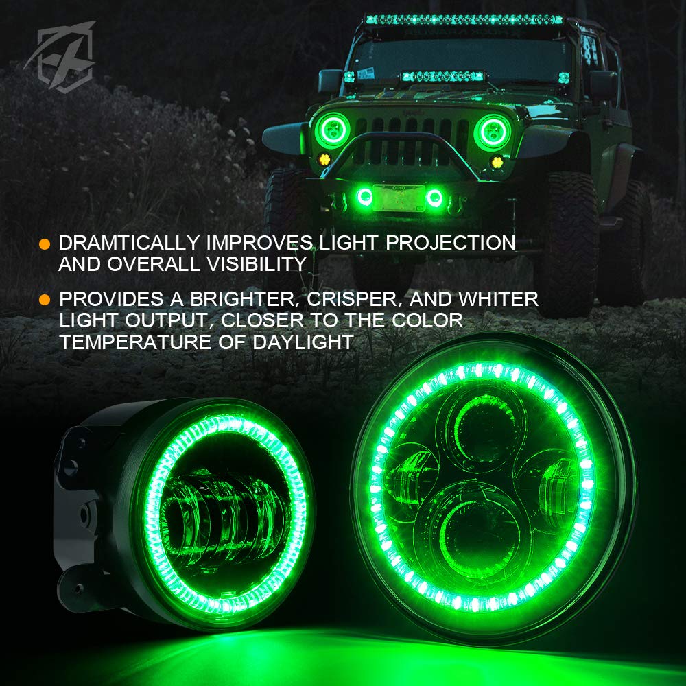 Xprite 7" 90W LED Headlights & 4 Inch 60W Fog Lights Combo w/Green Halo Angel Eye Compatible with 2007-2018 Jeep Wrangler JK, DOT Approved