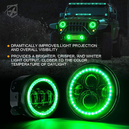 Xprite 7" 90W LED Headlights & 4 Inch 60W Fog Lights Combo w/Green Halo Angel Eye Compatible with 2007-2018 Jeep Wrangler JK, DOT Approved