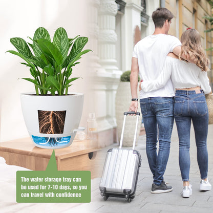 UOUZ Large Self Watering Pots, 12/10/9 Plastic Planters with High Drainage Holes and Deep Reservoir for Indoor Outdoor Garden Plants and Flowers, White