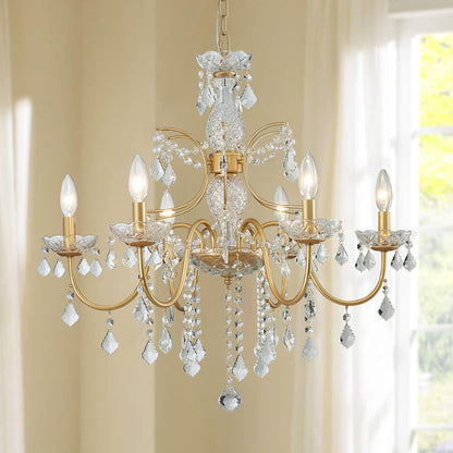 Bestier Crystal Candle Candelabra Chandelier 6 Light Pendant Light 26in Diameter x 26in Height Gold Finish Model AK-AJ-18174