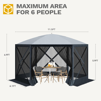 DWVO Gazebo Screen Tent, 11.5x11.5ft Instant Outdoor Portable Camping Screen House Canopy 6 Sided w/Mesh Windows & Carry Bag for Patio, Camping, Backyard, Grey