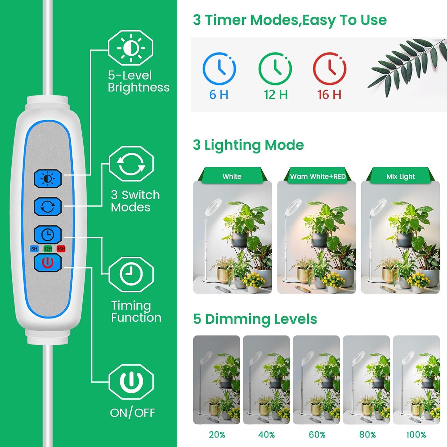 Aokrean Grow Lights - Full Spectrum Indoor Plant Lights with Adjustable Height & Auto Timer | 2 Pack
