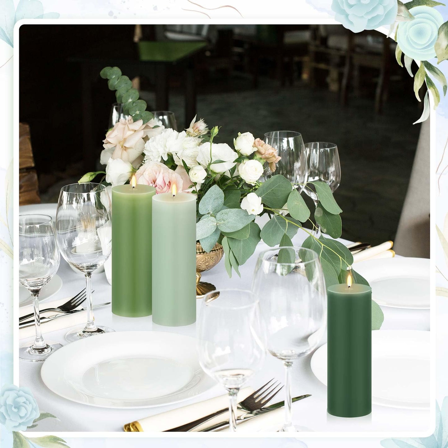 Conelist Set of 6 Gradient Green Pillar Candles 2 x 6 Inch Decorative Unscented Column Candles for Wedding Thanksgiving Christmas Holiday Church Dinner Table Home Relaxation Spa Decor