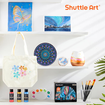 Shuttle Art Metallic Acrylic Paint Set, 20 Colors Metallic Paint in Bottles (60ml, 2oz) with 10 Brushes and 1 Palette, Rich Pigments, Non-Toxic for Artists, Beginners on Rocks Crafts CanvasWood Fabric