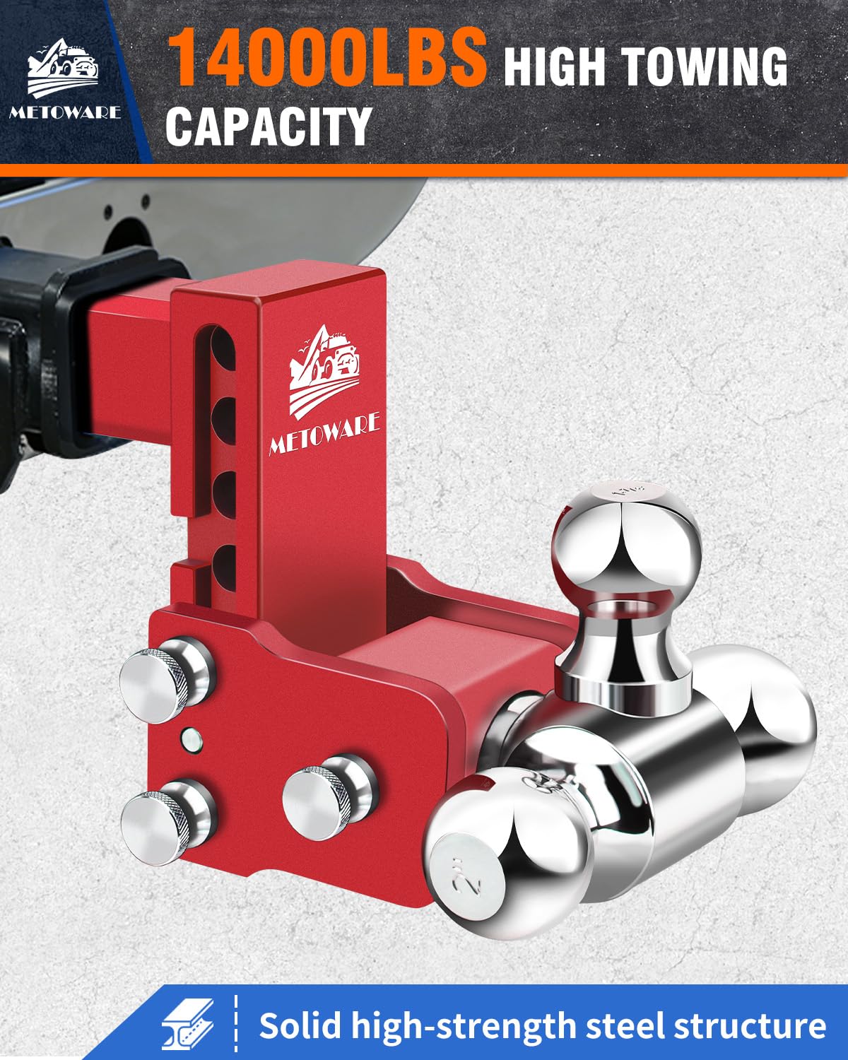 METOWARE Adjustable Trailer Hitch for 2" Receiver - 14,000 LBS GTW Heavy Duty Drop Hitch, 4" Drop/Rise, Tri-Ball (1-7/8" 2" 2-5/16") STOWABLE & Secure Design with Anti-Theft Hitch Lock, Red
