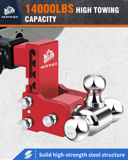 METOWARE Adjustable Trailer Hitch for 2" Receiver - 14,000 LBS GTW Heavy Duty Drop Hitch, 4" Drop/Rise, Tri-Ball (1-7/8" 2" 2-5/16") STOWABLE & Secure Design with Anti-Theft Hitch Lock, Red