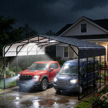 Garvee 20x20ft Heavy Duty Metal Carport, 2-Car Carport Kit with Solar Lights, RV Boat Trailer Steel Garage Shelter, Durable Color Steel Roof