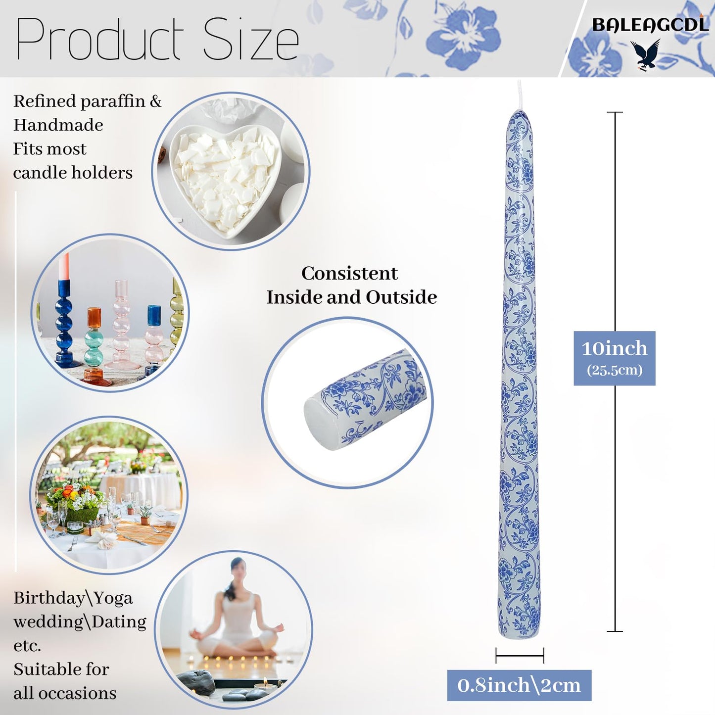 Floral Taper Candle Handmade Unscented Candlesticks 10 Inch Long Candle Sticks Blue Flower Print Tapered Candles for Home Party Wedding Party Set of 4