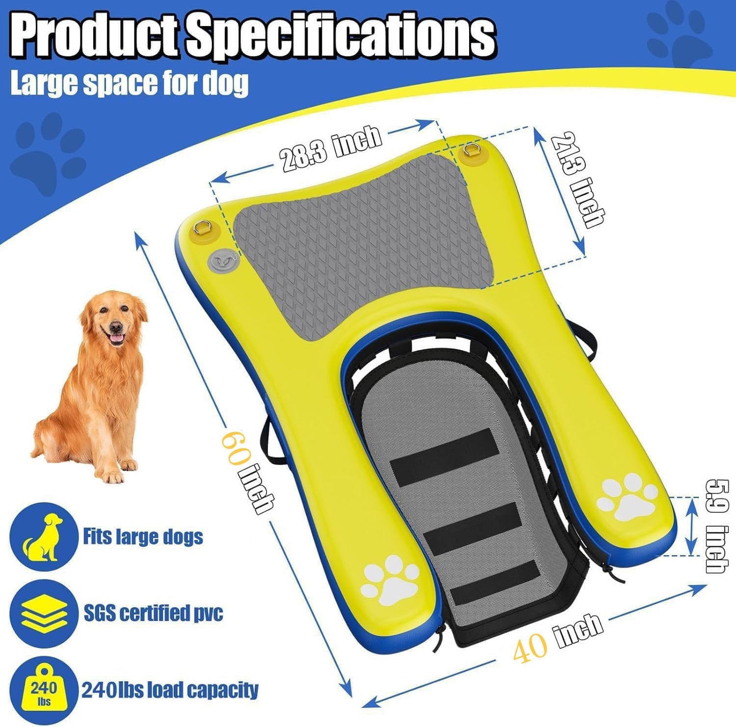 Inflatable Dog Pool Float Dock Platform for Dogs, Dog Pool Ramp Ladder with Non Slip Steps | Dog Floats Water Ramp for Boat, Inground Pool