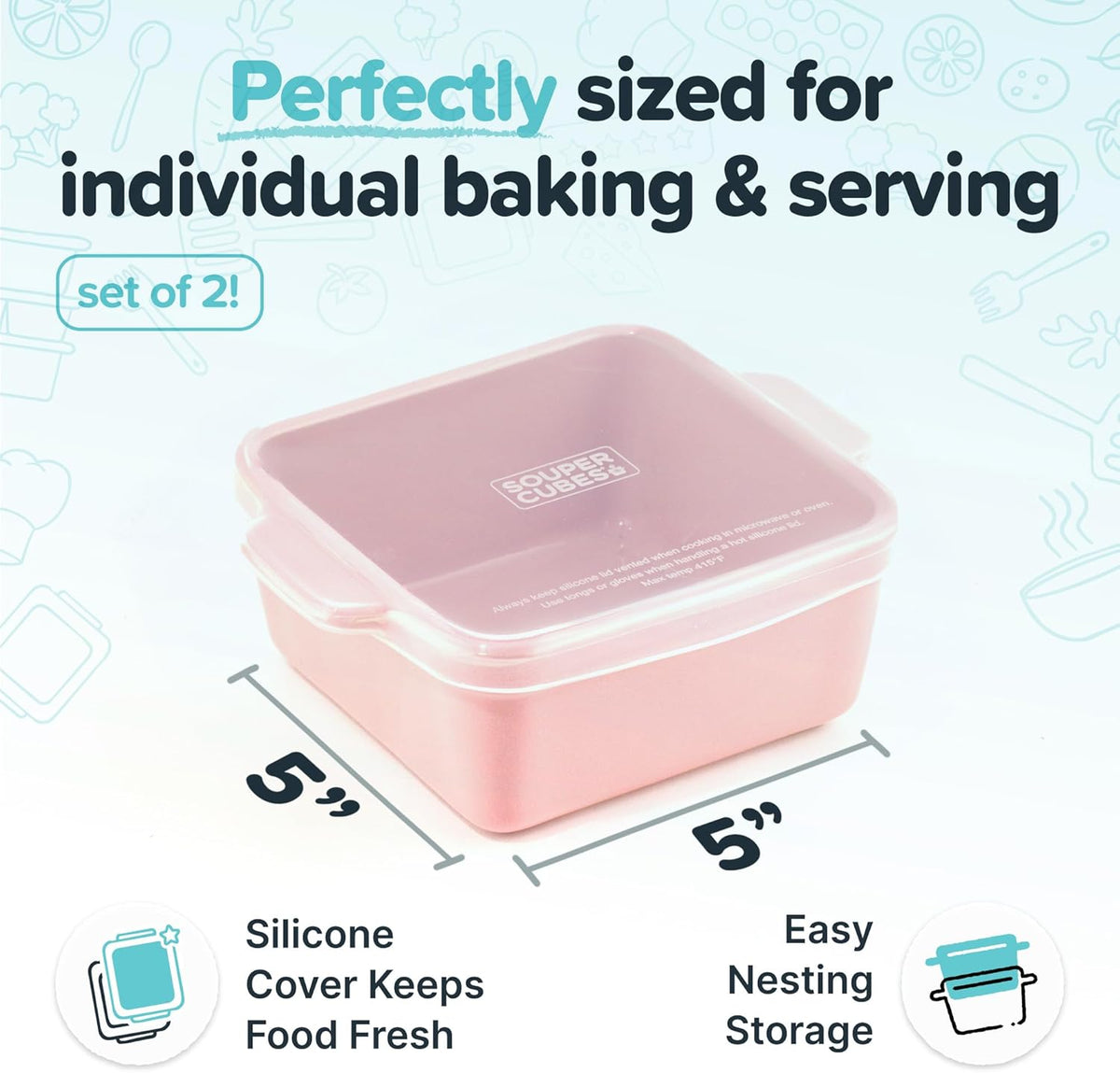 Souper Cubes Stoneware Baking Dishes - Premium 5" x 5" Mini Ceramic Set with Silicone Covers, Cotton Candy