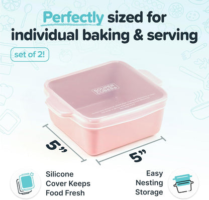Souper Cubes Stoneware Baking Dishes - Premium 5" x 5" Mini Ceramic Set with Silicone Covers, Cotton Candy