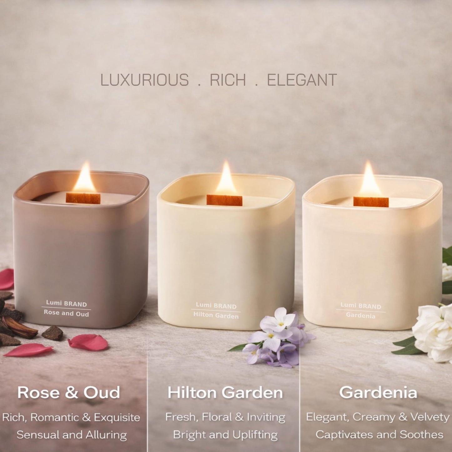 Set of 3 Premium Scented Soy Candles Gift Set | Nature's Bloom Collection - Gardenia, Hilton Garden and Rose & Oud | Crackling Wood Wick | Luxury Candles for Relaxation, Home Décor, Gifts | 9.8oz Each