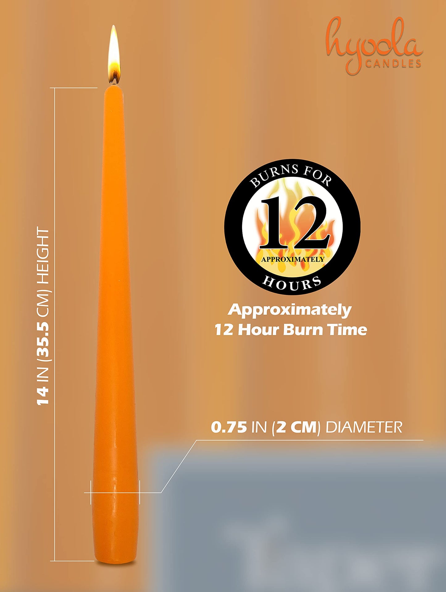 Hyoola Tall Taper Candles - 14 Inch Orange Unscented Dripless Taper Candles - 12 Hour Burn Time - 12 Pack